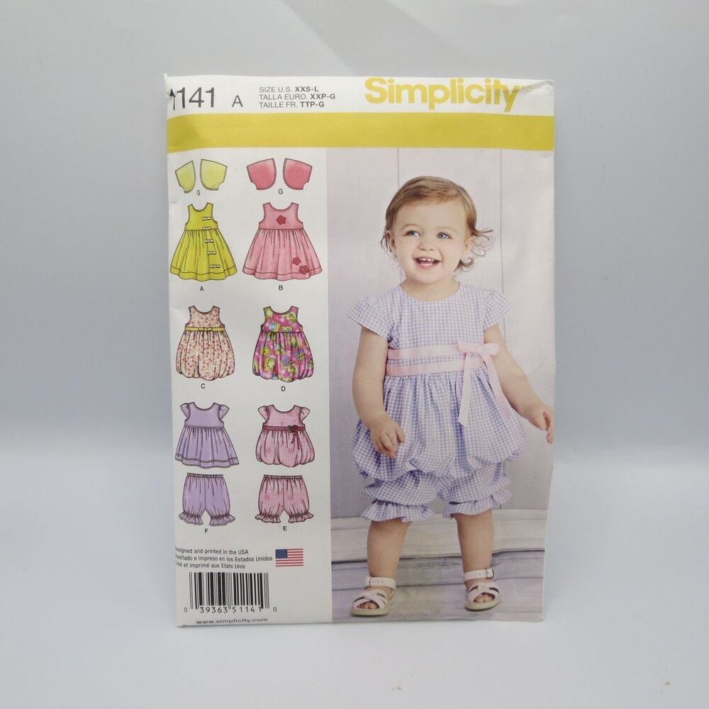 Simplicity 1141 A Babies' Dress Jumper Top Pantaloons Romper XXS-L